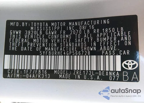 2016 Toyota Corolla Le z USA, uszkodzony, nr VIN 5YFBURHE4GP566728